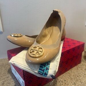 Tory Burch Tan Flats with Gold Logo Camellia Pink